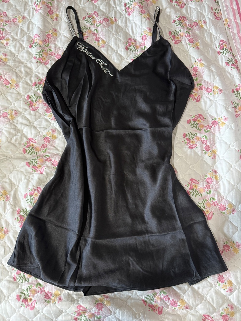Victoria's Secret Black Satin Slip Dress with Script Logo